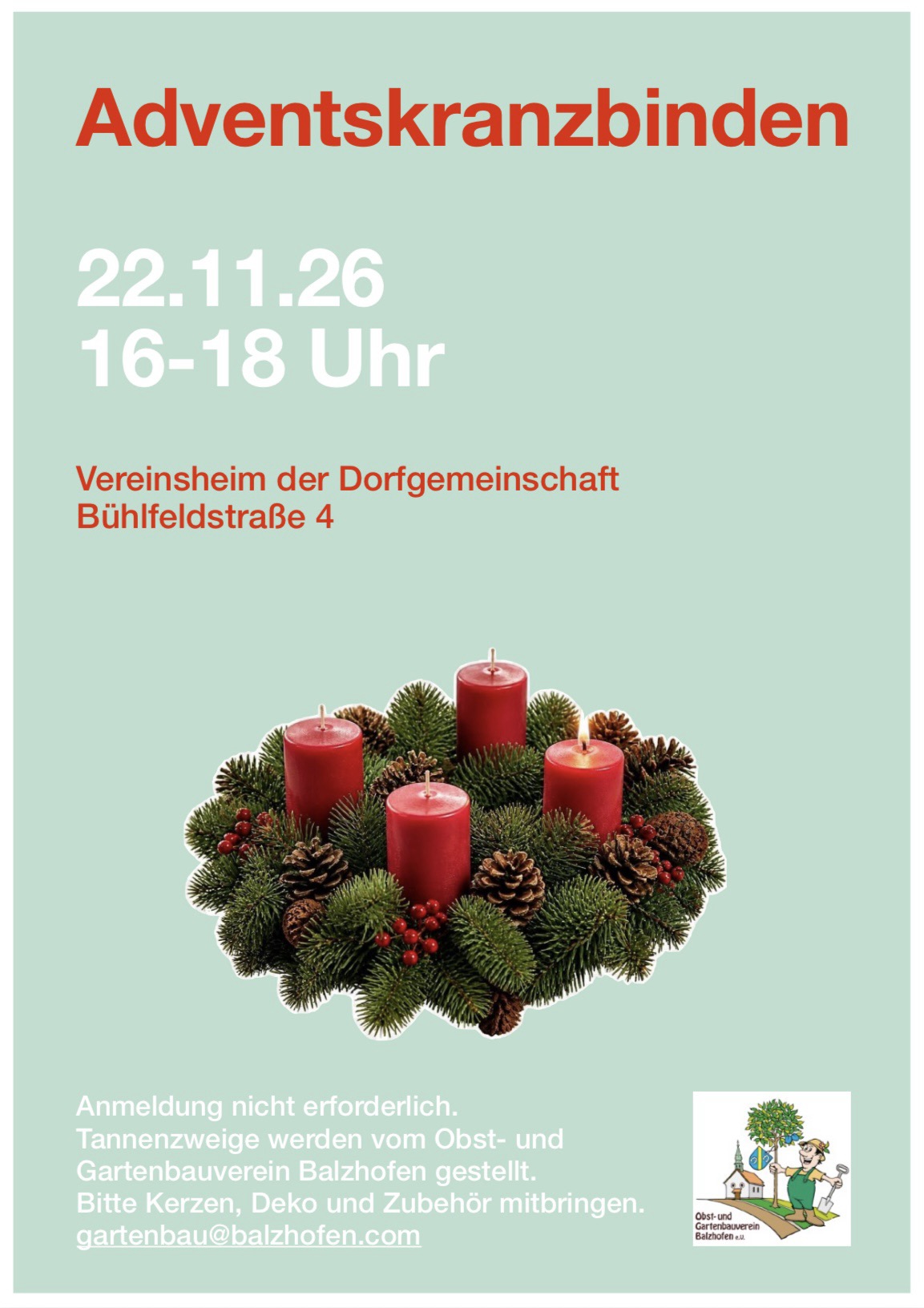 Adventskranzbinden mit dem Obst- und Gartenbauverein am Sonntag. 22. November 2026